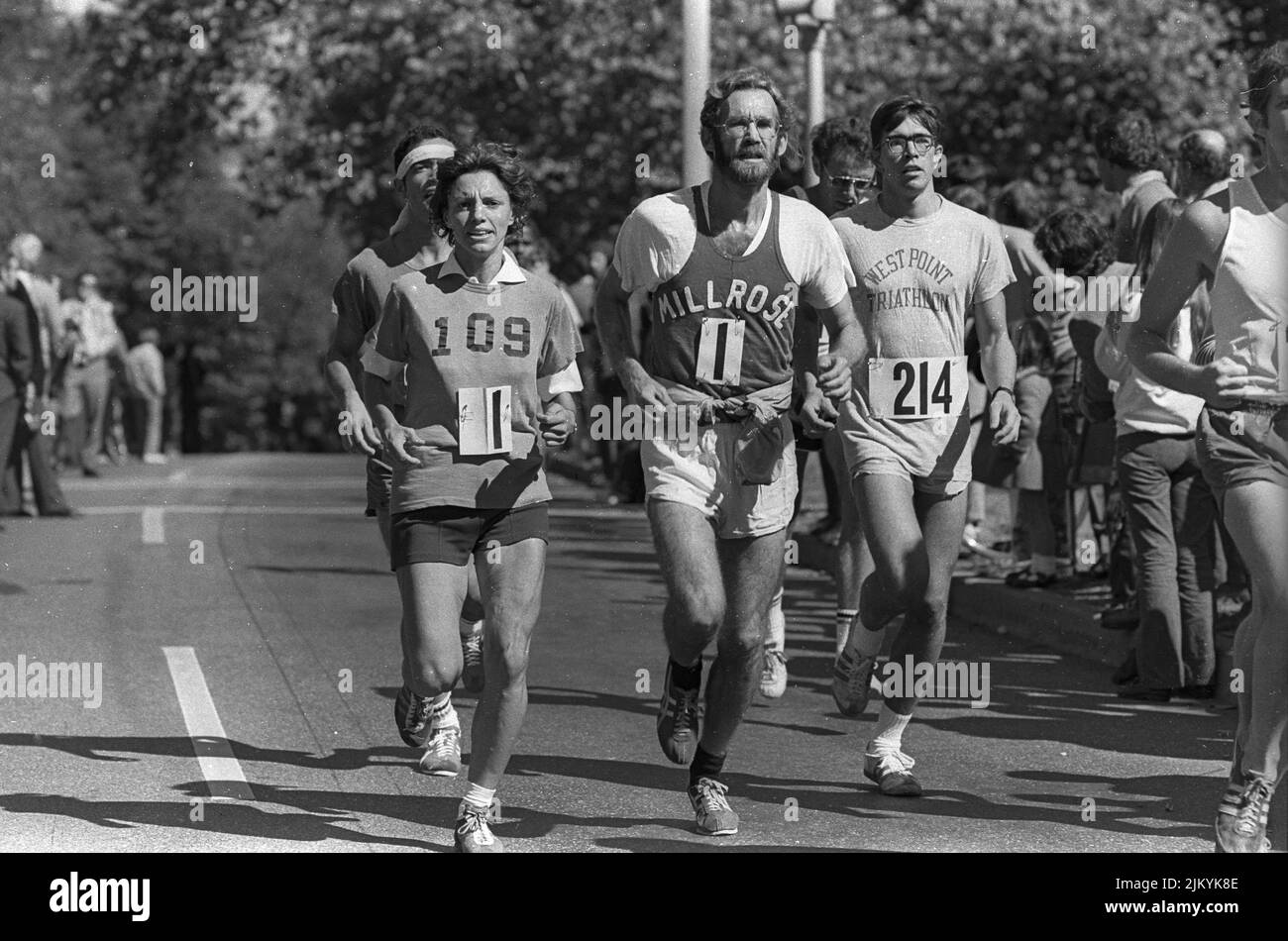 Nina Kuscsik (L) competing in the 1972 New York City Marathon in Central Park. Stock Photo