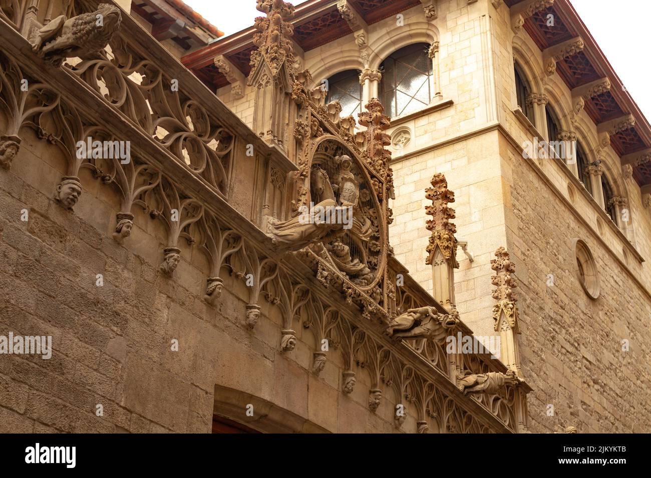 Facade of Carrer del Bisbe in the Gothic Quarter of Barcelona