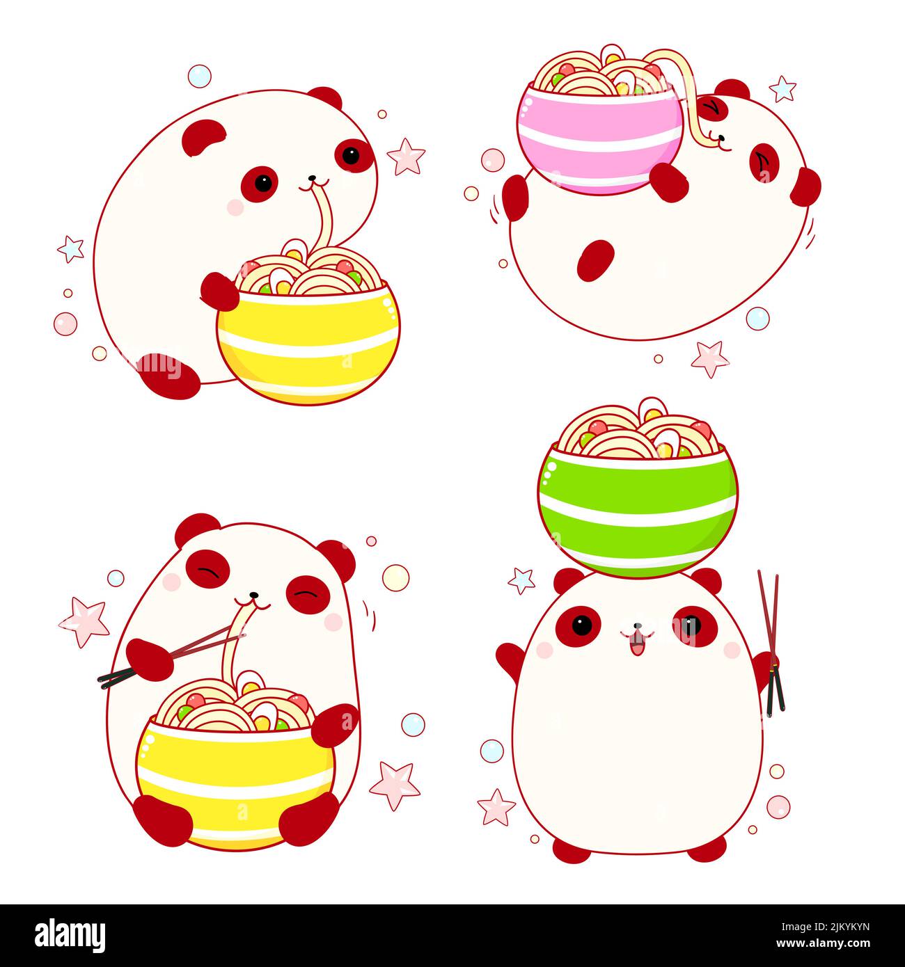 Set of cute animals in kawaii style. Funny fat panda eat ramen noodles. Can be used for t-shirt print, stickers, greeting card. Kawaii little pandas a Stock Vector