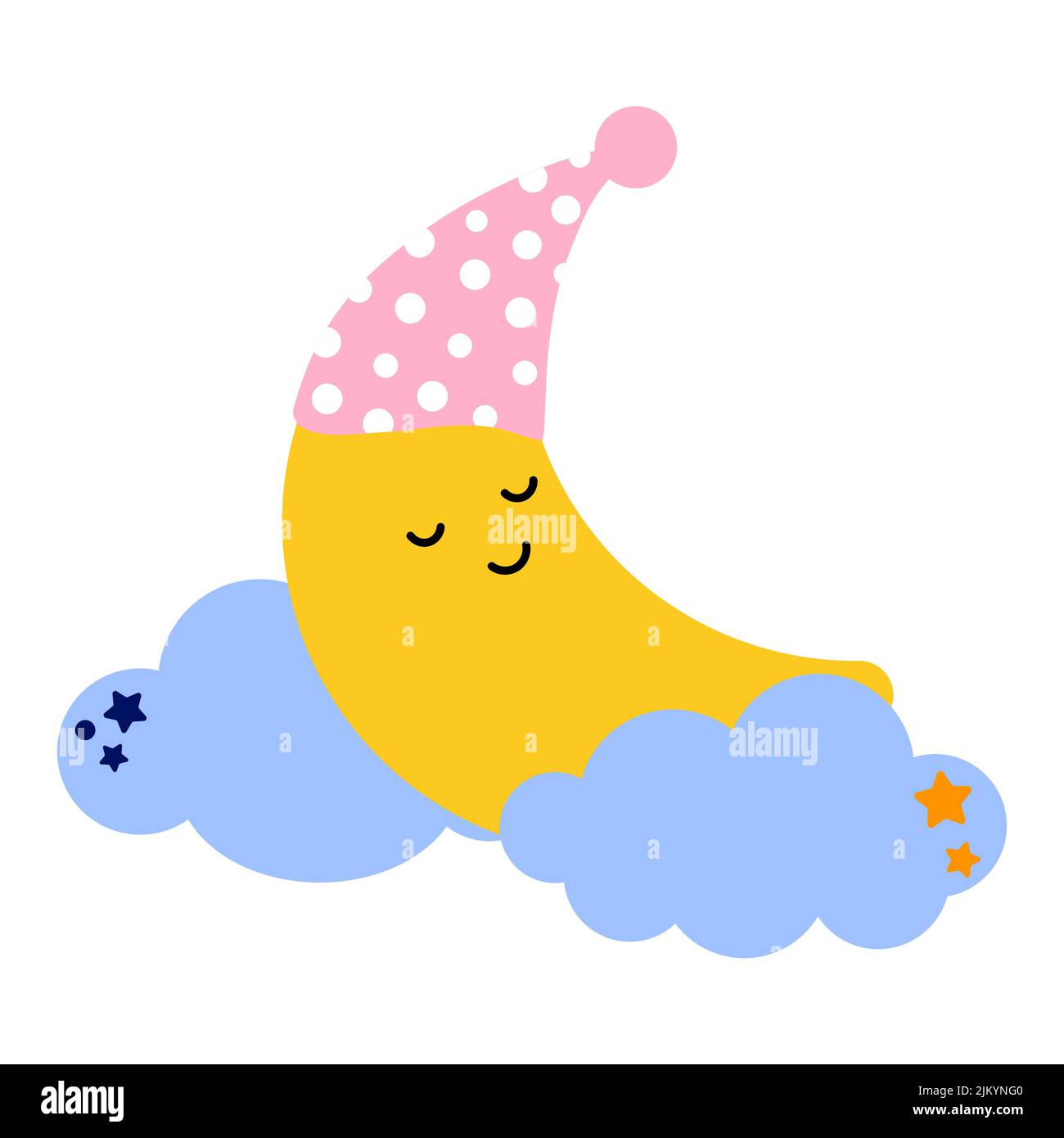 Cartoon moon sleeps in the clouds in a sleep cap. Good night, lullaby theme. Vector isolated on a white background Stock Vector