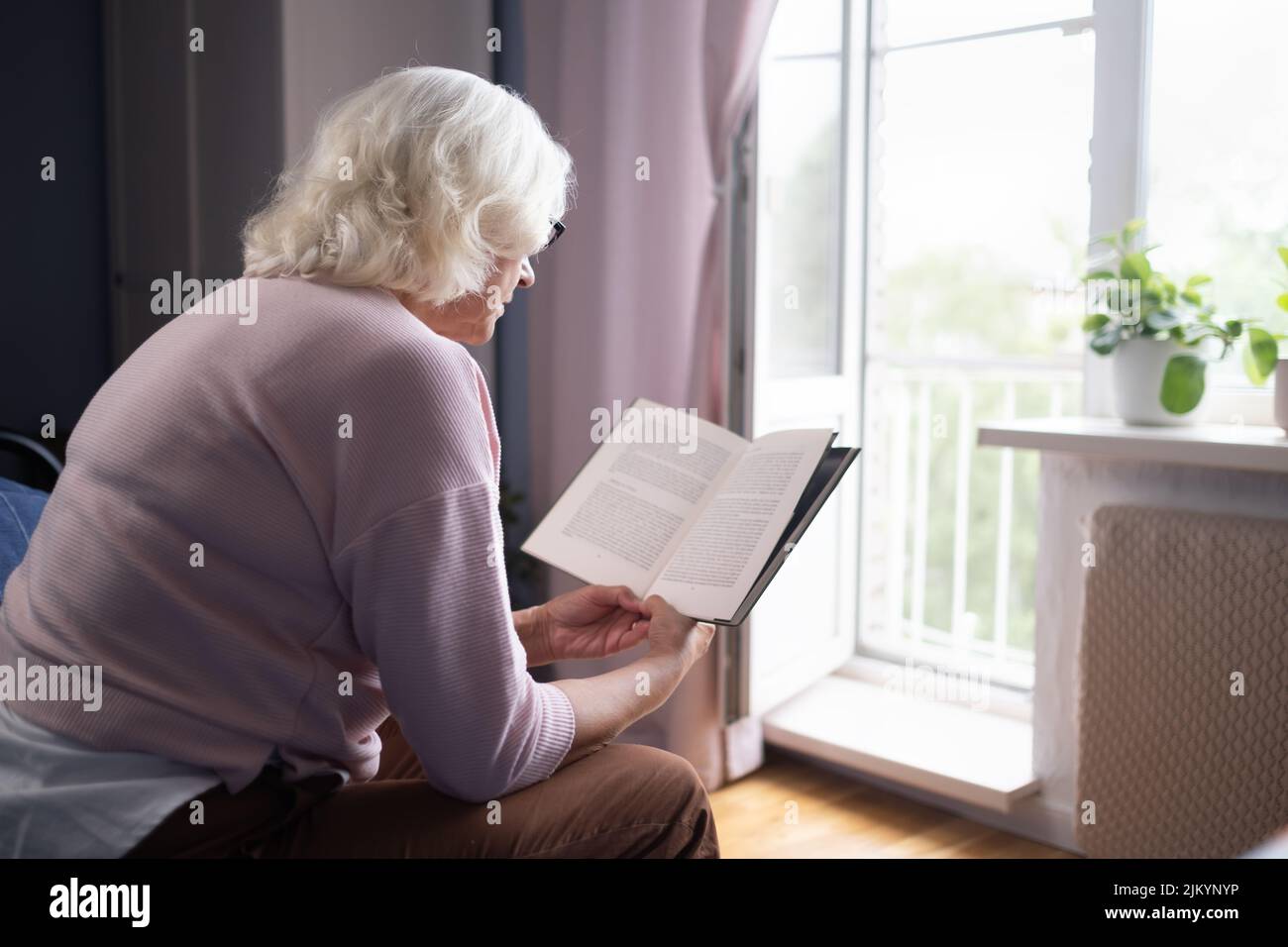 Senior woman resting on sofa and reading a book at home Stock Photo