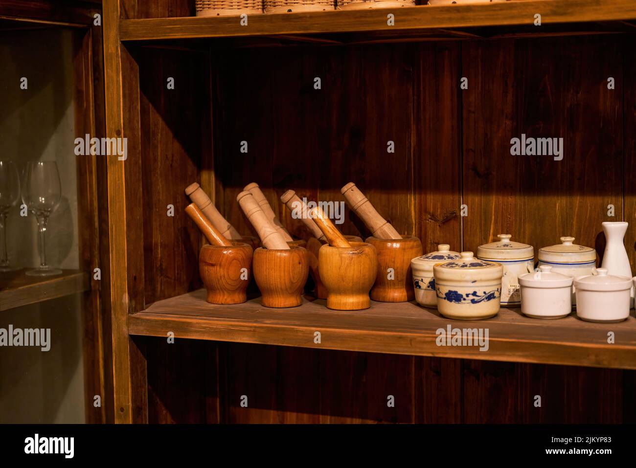Sideboard and utensils in traditional Chinese restaurant Stock Photo