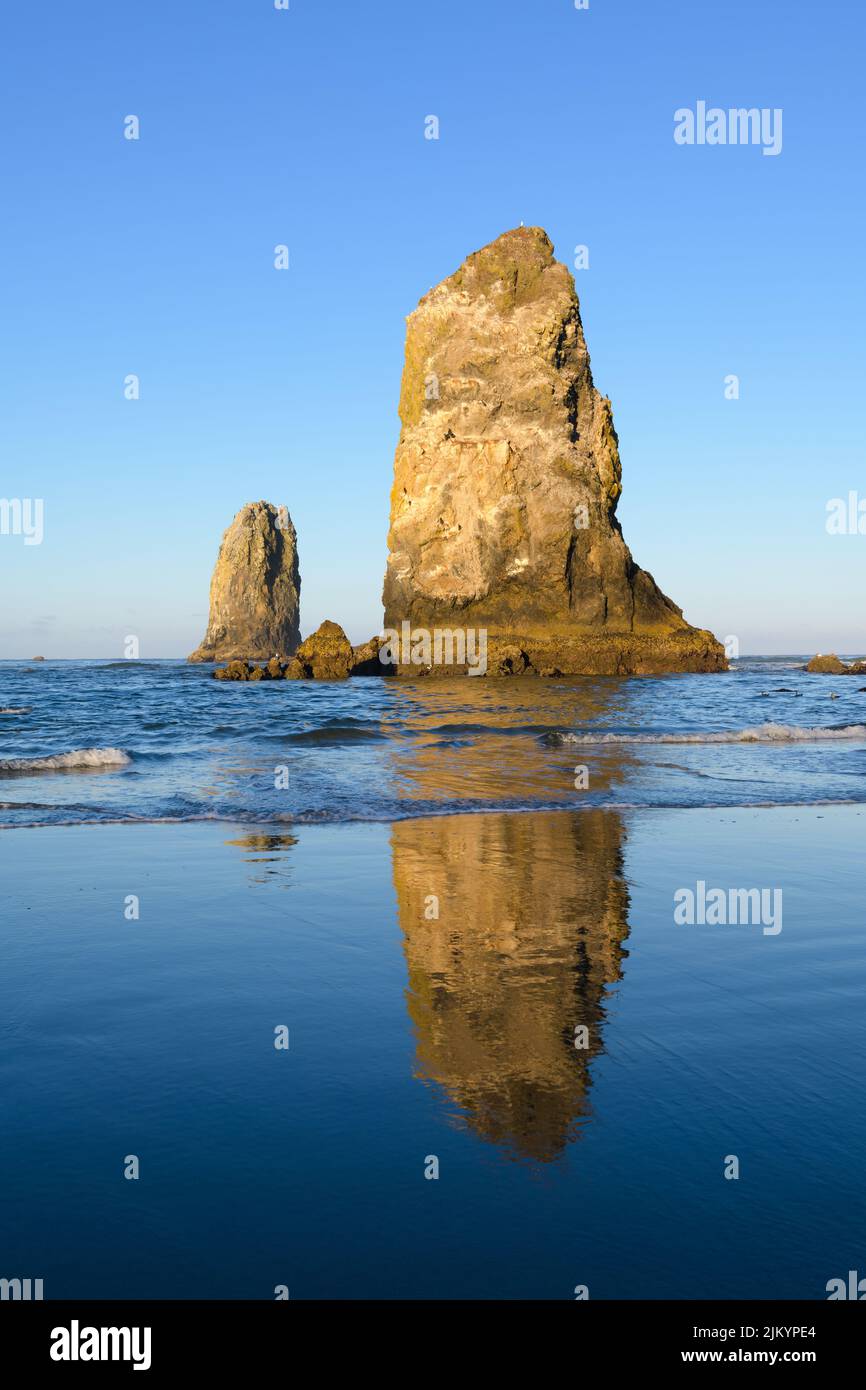 The Needles sea stack at Cannon Beach Oregon reflecting under a blue sky on a perfect sunny morning Stock Photo