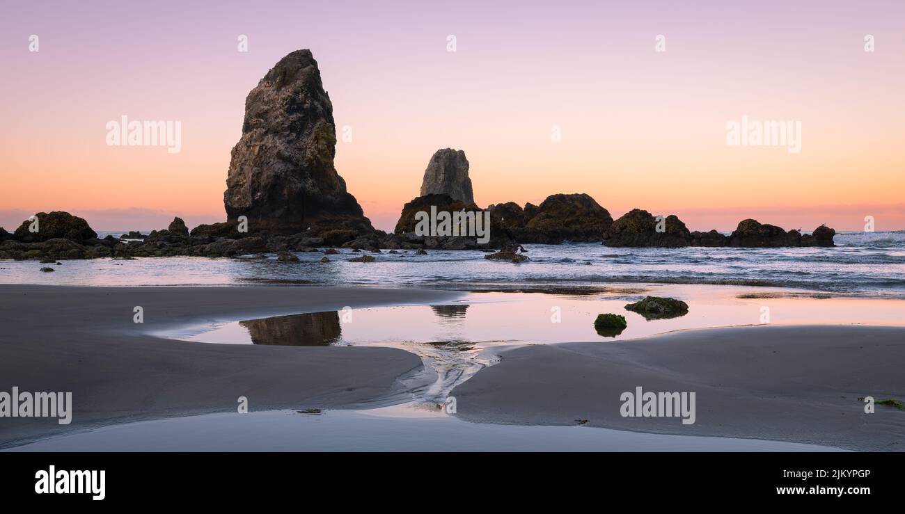 The Needles sea stacks alongside the beach at Cannon Beach Oregon during low tide at dawn Stock Photo