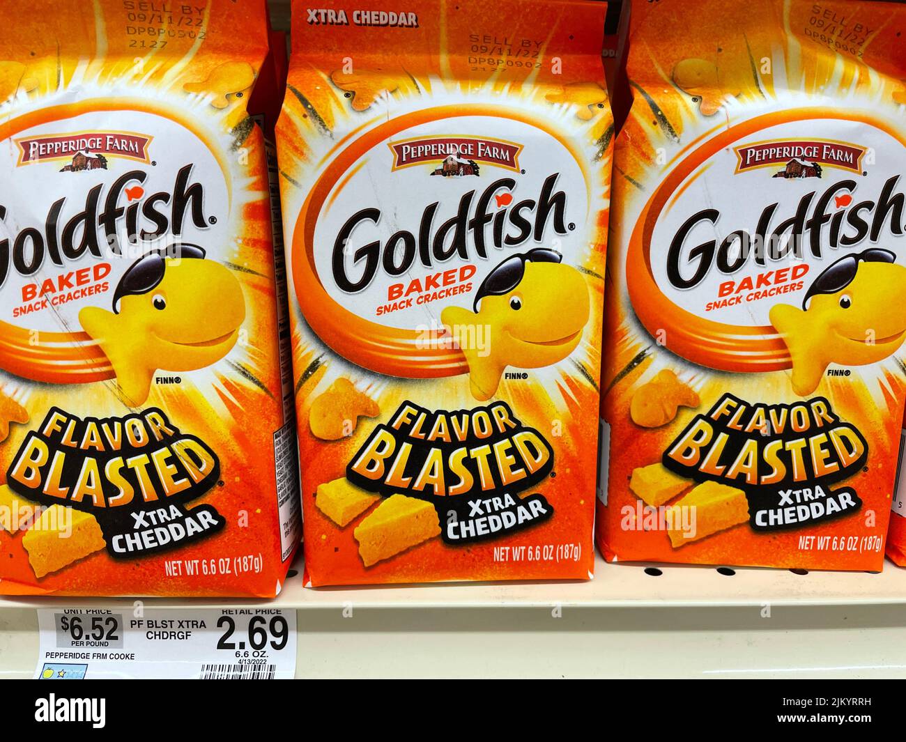 Grovetown, Ga USA - 04 20 22: Pepperidge Farms goldfish crackers on retail store shelf price tag Stock Photo