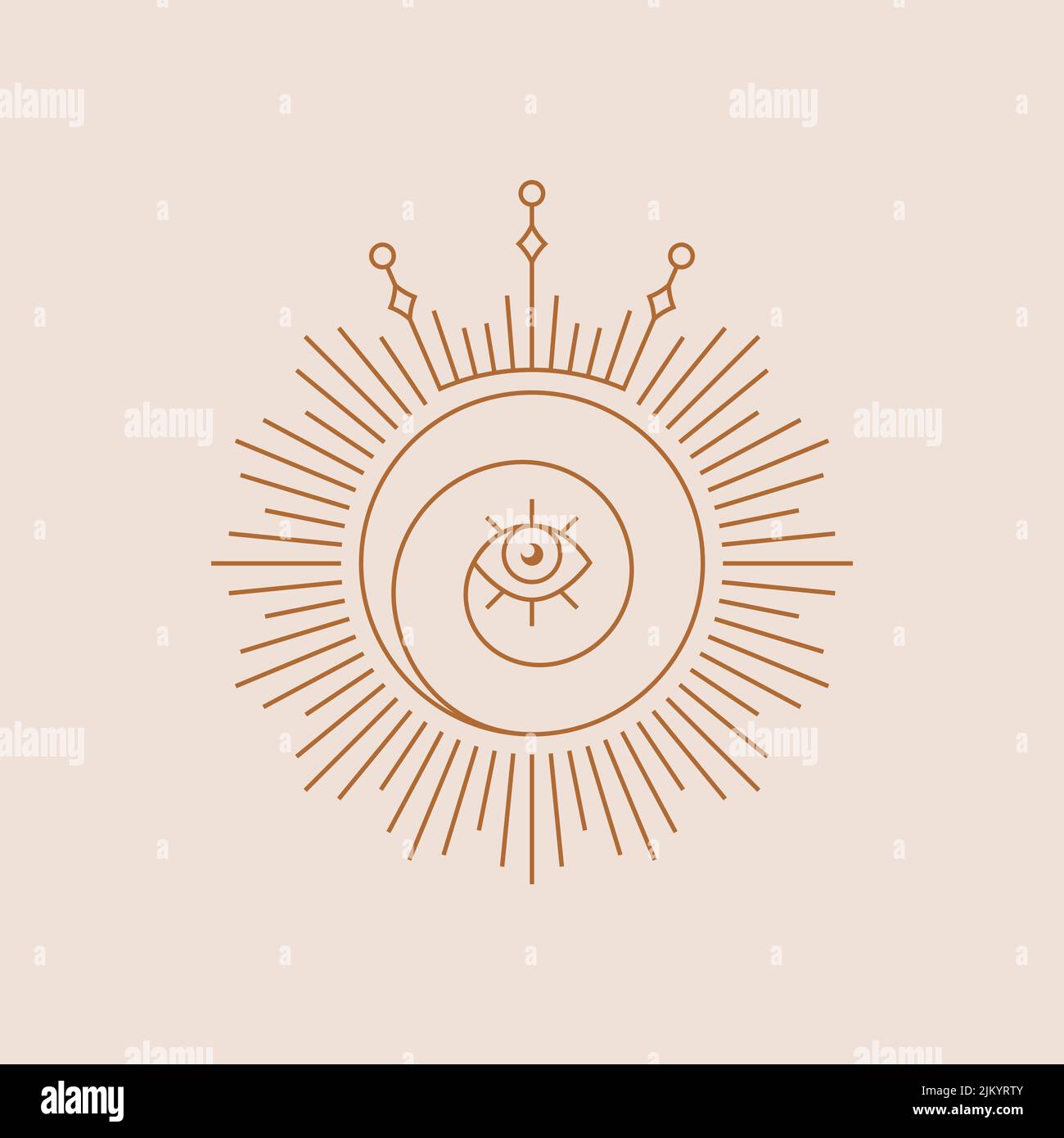 Spiritual boho logo. Sun line symbol with eye and crown. Isolated vector illustration. Design element for magic, esoteric, celestial, astrology Stock Vector