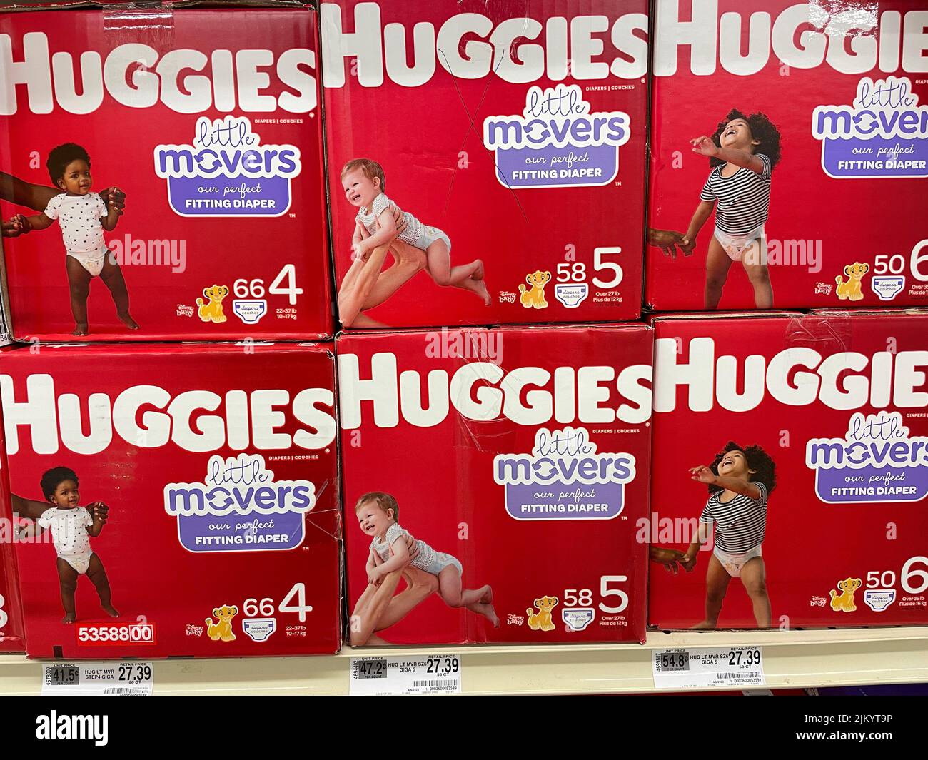 Grovetown, Ga USA - 04 20 22: Retail store products Huggies variety box of diapers shelf price Stock Photo