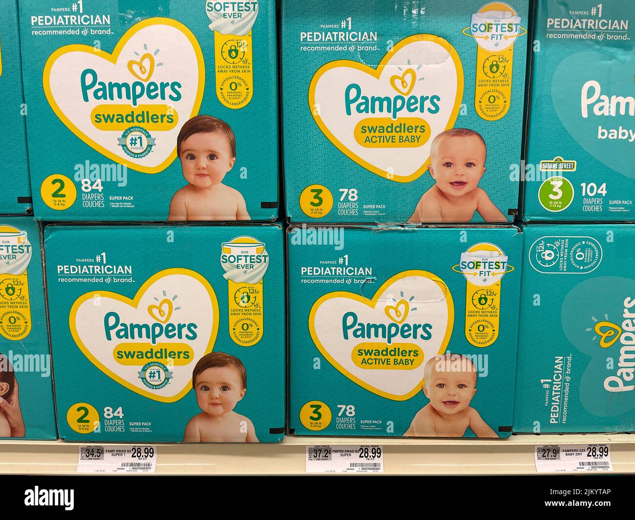 Grovetown, Ga USA - 04 20 22: Retail store products Pampers variety box of diapers shelf price Stock Photo