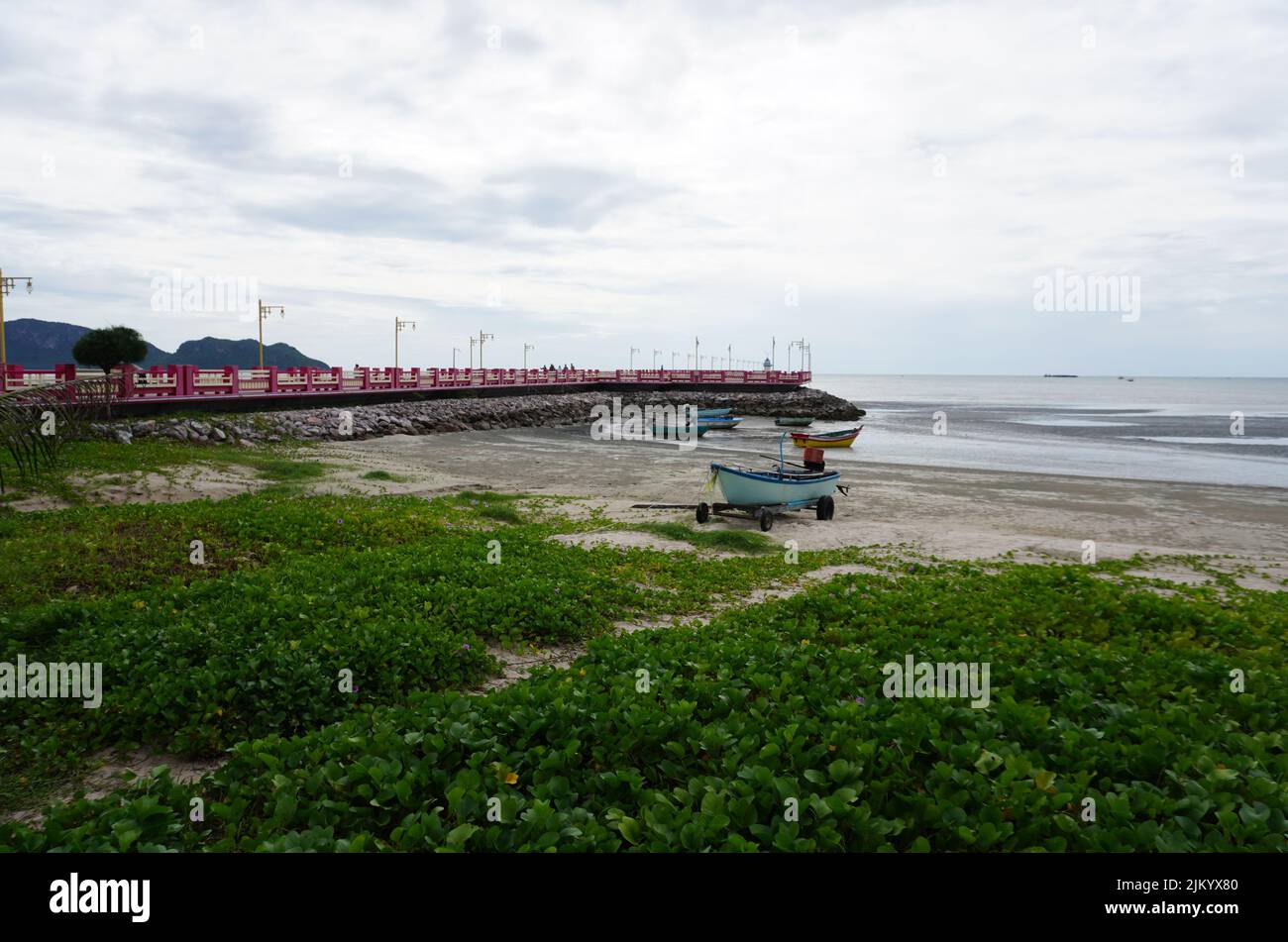 Bridge for mooring fishing boats in the middle of the sea. Prachuap Khiri Khan Province, Thailand Stock Photo