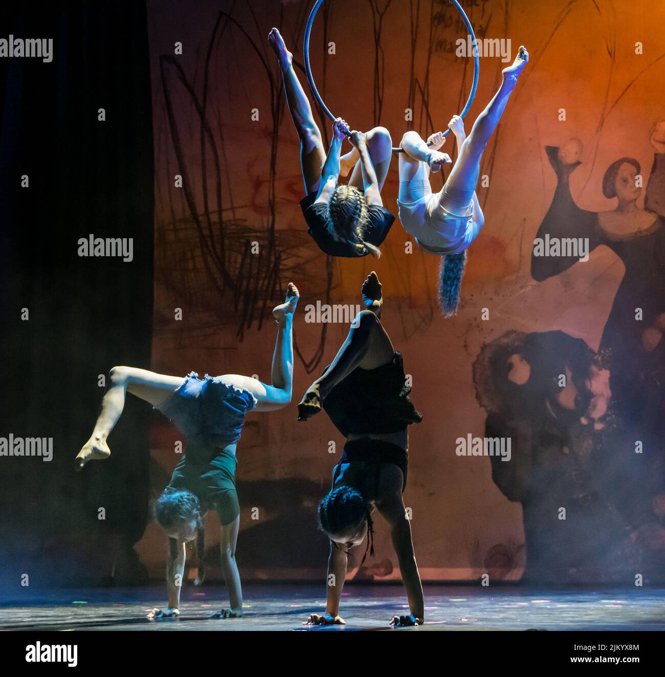 Edinburgh, Scotland, United Kingdom, 3rd August 2022. Edinburgh Festival Fringe: Underbelly Fringe press launch at McEwan Hall. Underbelly showcases the shows on at this year’s Fringe. Pictured: Boom! acrobatics. Credit: Sally Anderson/Alamy Live News Stock Photo