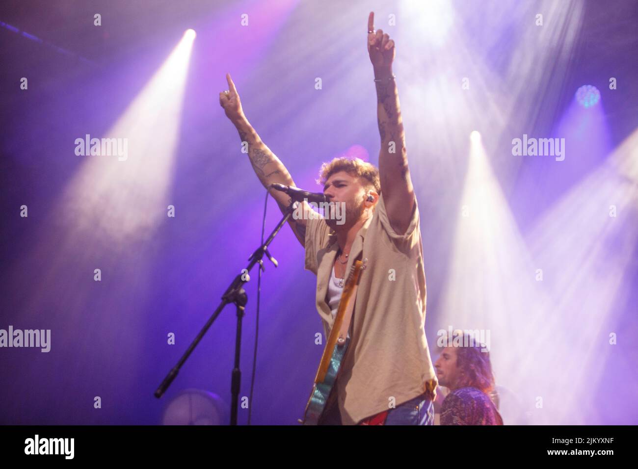 A CORUÑA -SPAIN AUGUST 3: Dani Fernández (singer) performs in concert at the Maria Pita parties on August 03, 2022 in A Coruña, Spain. Stock Photo