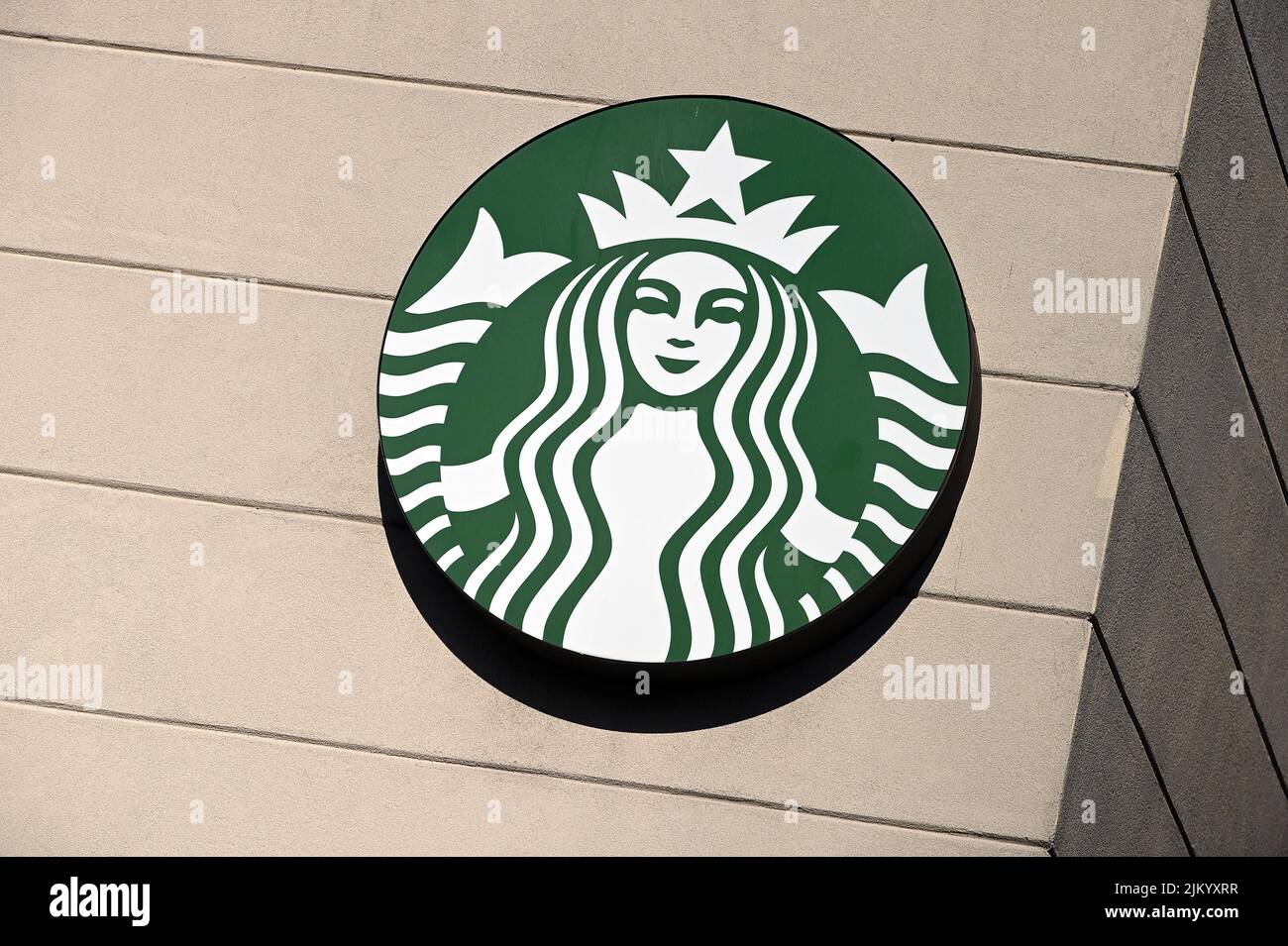 New York, USA. 03rd Aug, 2022. Starbucks coffee shop logo seen on a