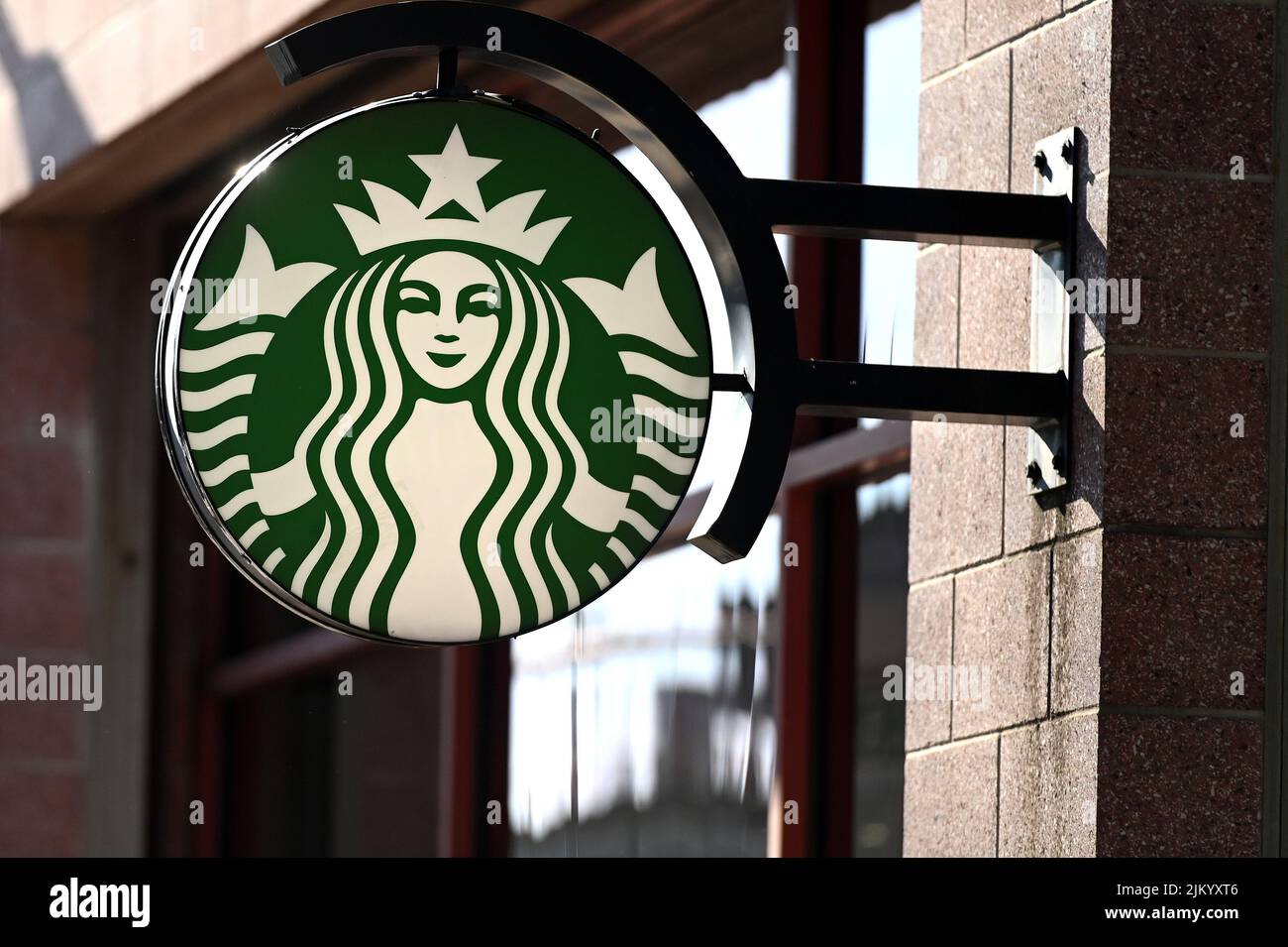 New York, USA. 03rd Aug, 2022. Starbucks coffee shop logo seen in New