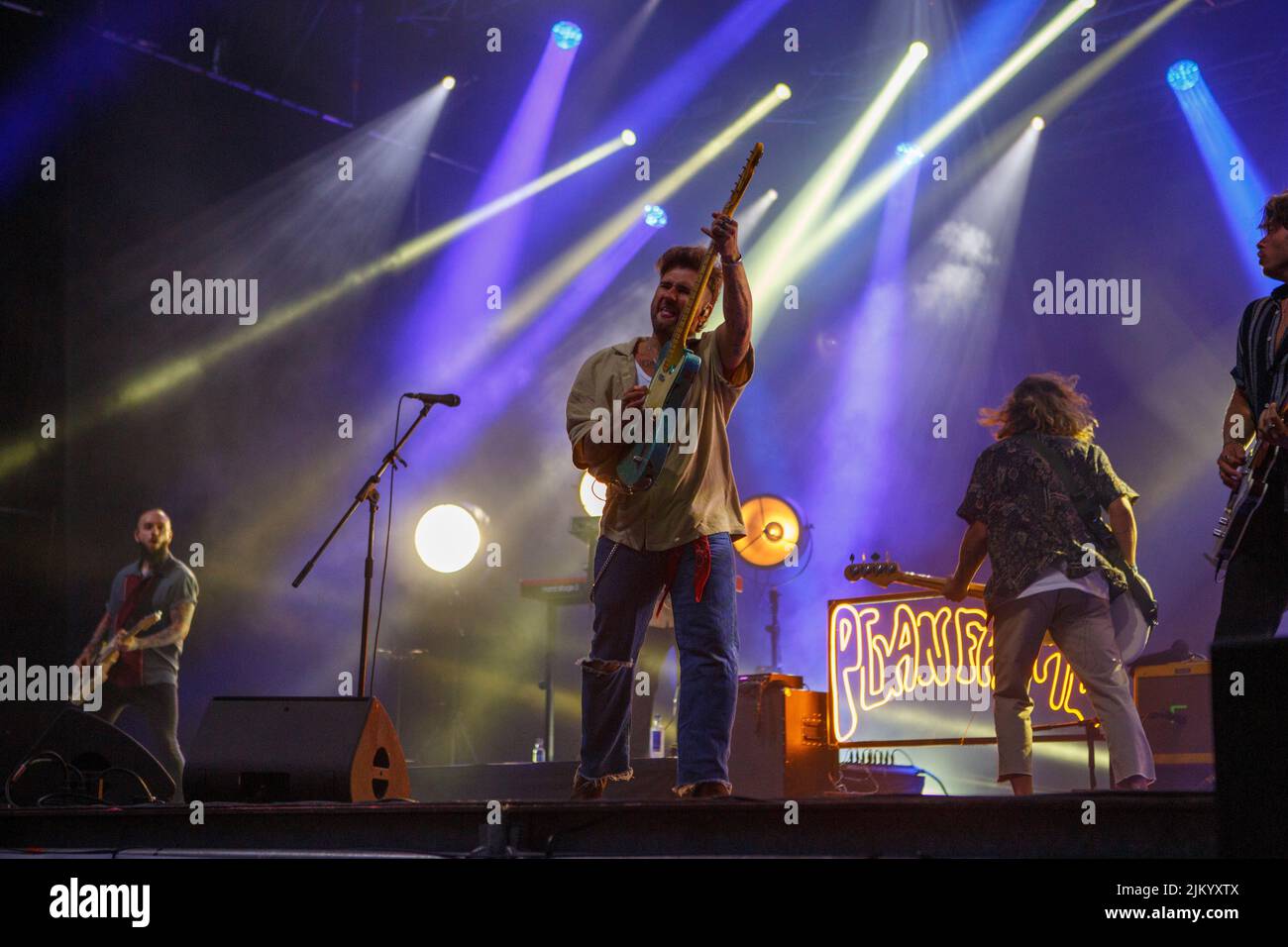 A CORUÑA -SPAIN AUGUST 3: Dani Fernández (singer) performs in concert at the Maria Pita parties on August 03, 2022 in A Coruña, Spain. Stock Photo