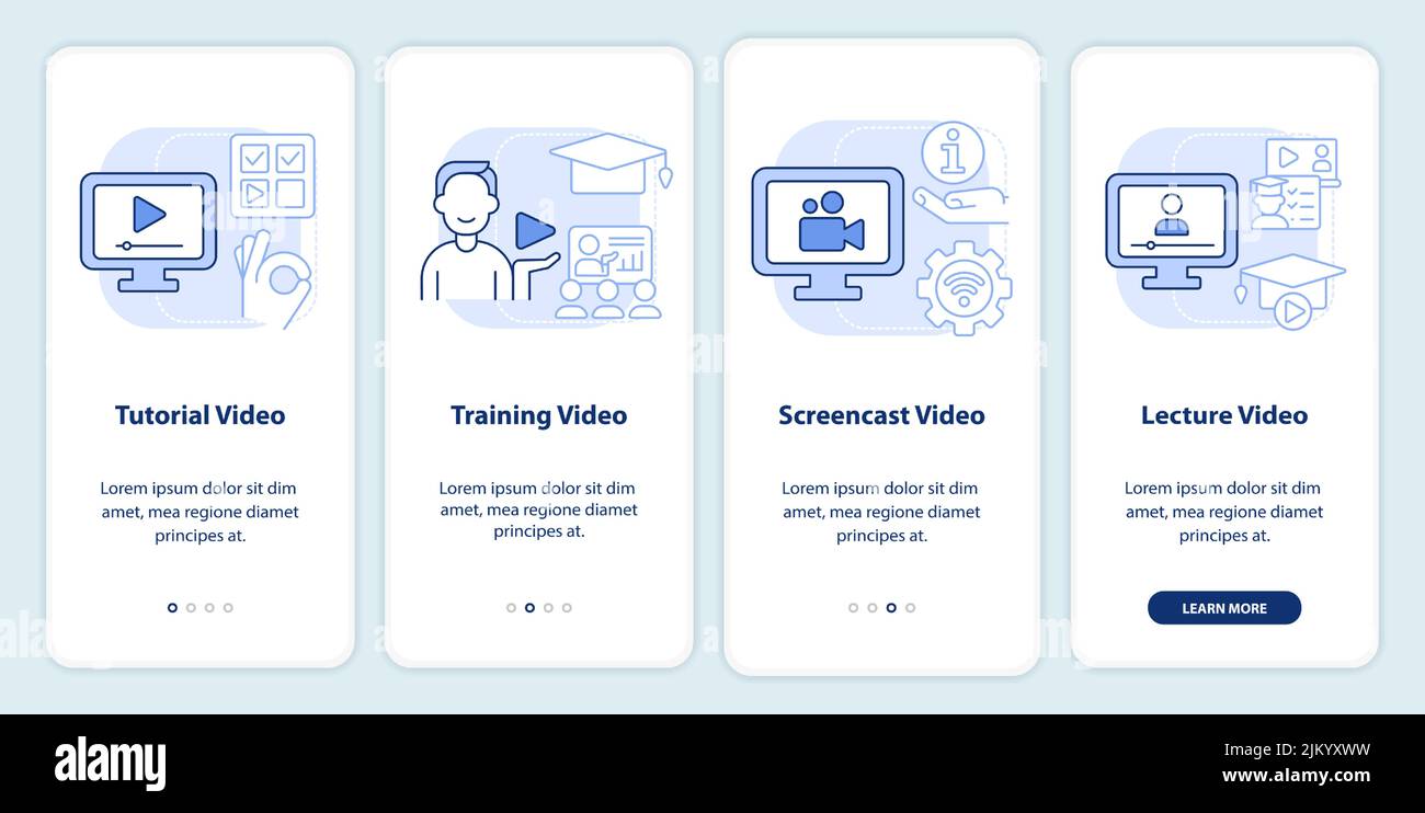 Microtraining video types light blue onboarding mobile app screen Stock Vector