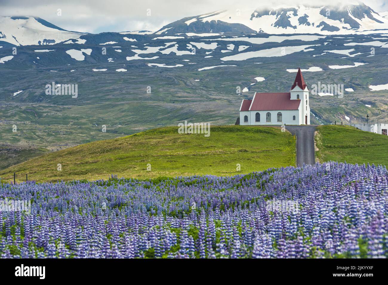 landscape of Iceland in spring with church Stock Photo