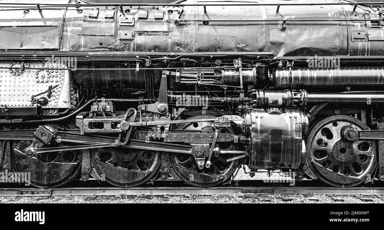 A grayscale closeup of the Union Pacific Big Boy wheels and