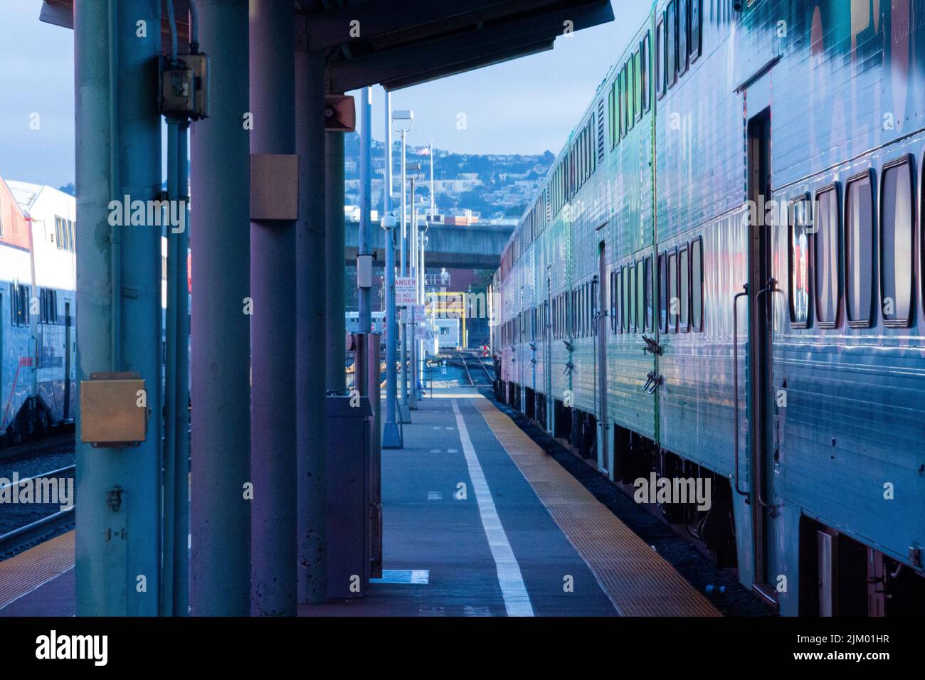 A train leaving from the platform in San Francisco, California Stock Photo