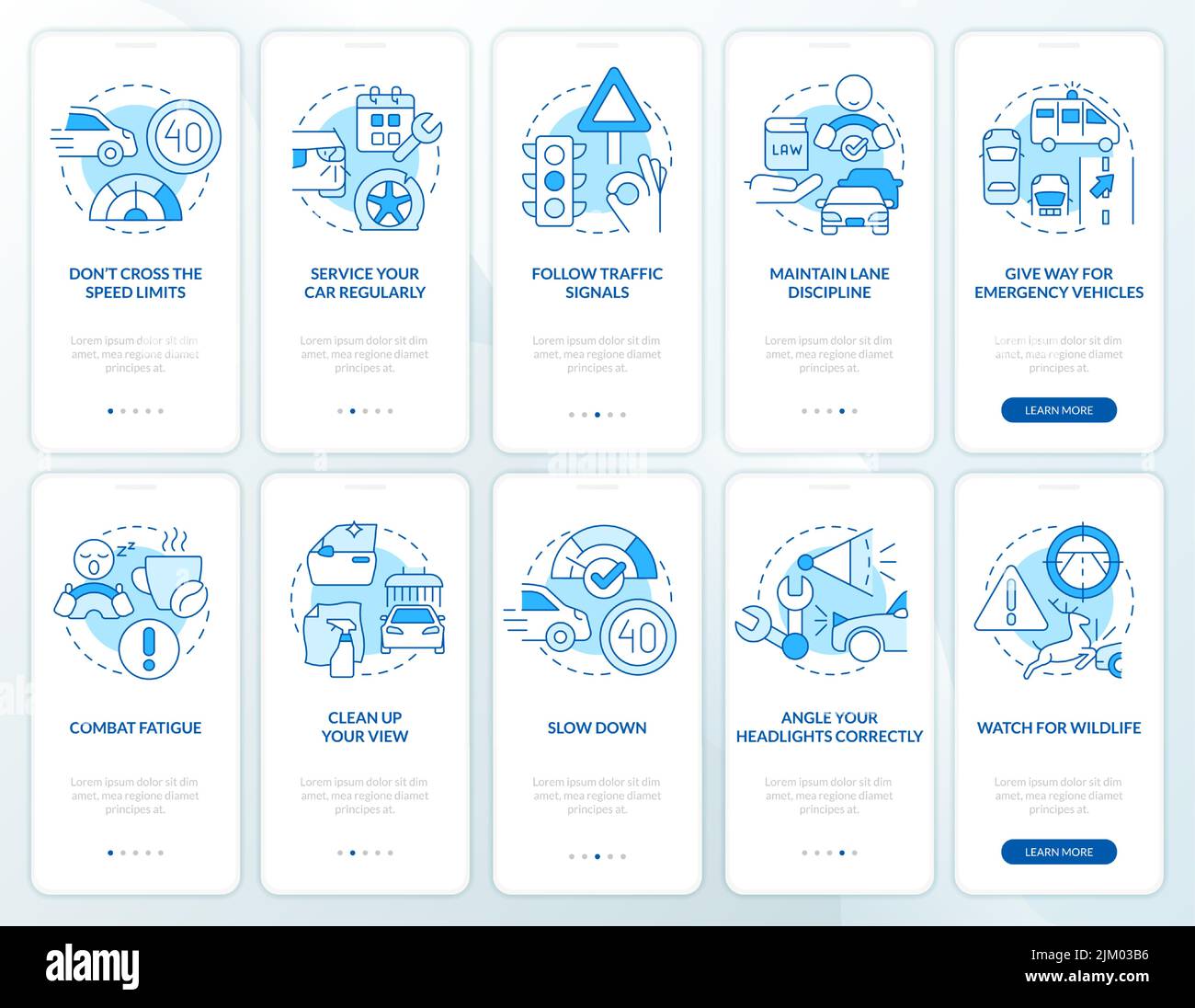 Driving safety blue onboarding mobile app screen set Stock Vector Image ...