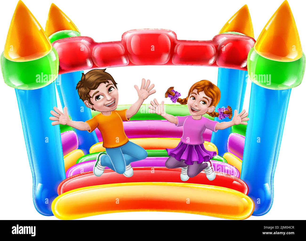 Bouncy House Castle Jumping Girl Boy Kids Cartoon Stock Vector