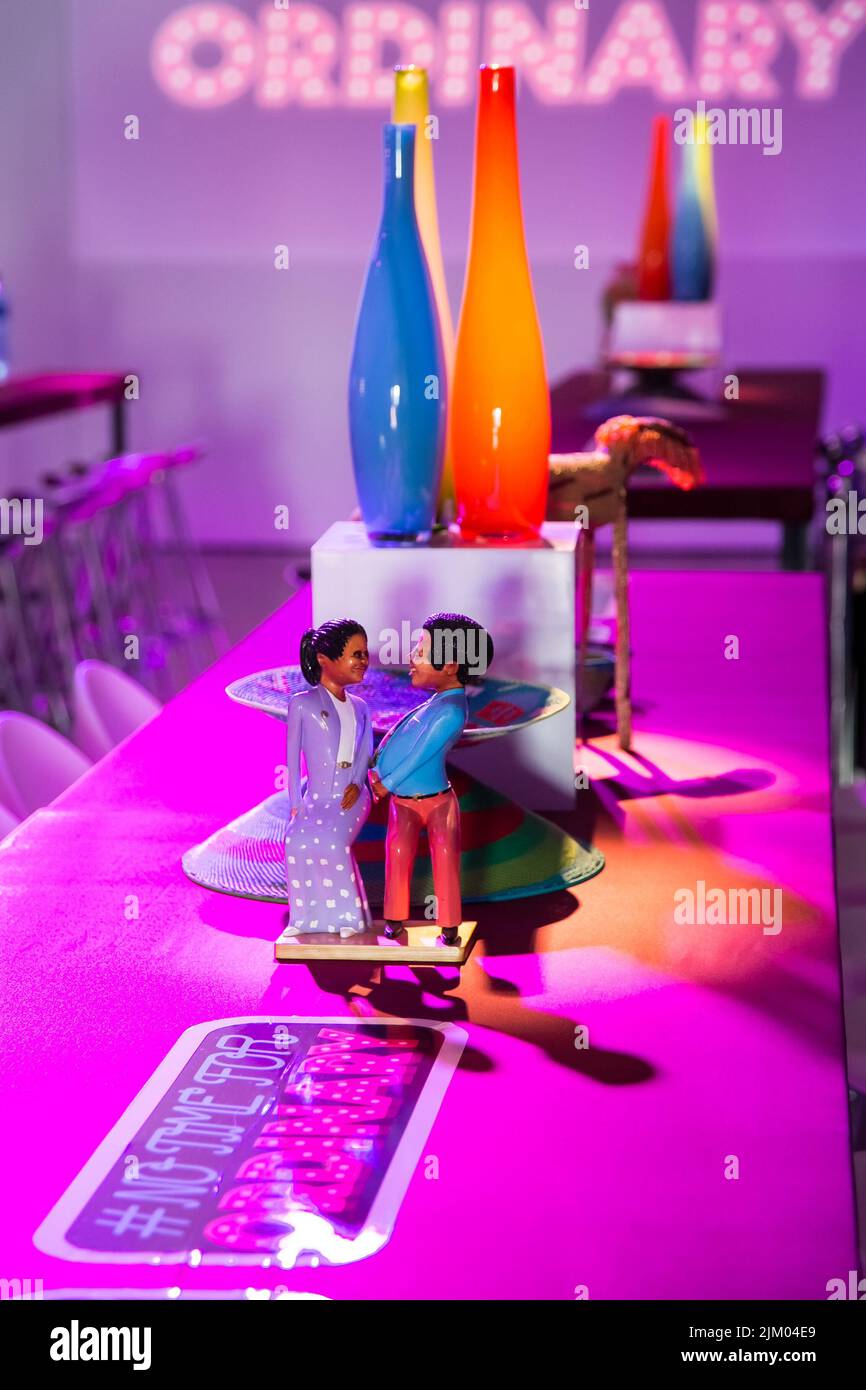 A vertical shot of purplethemed decor at an indoor media party event in Johannesburg, South