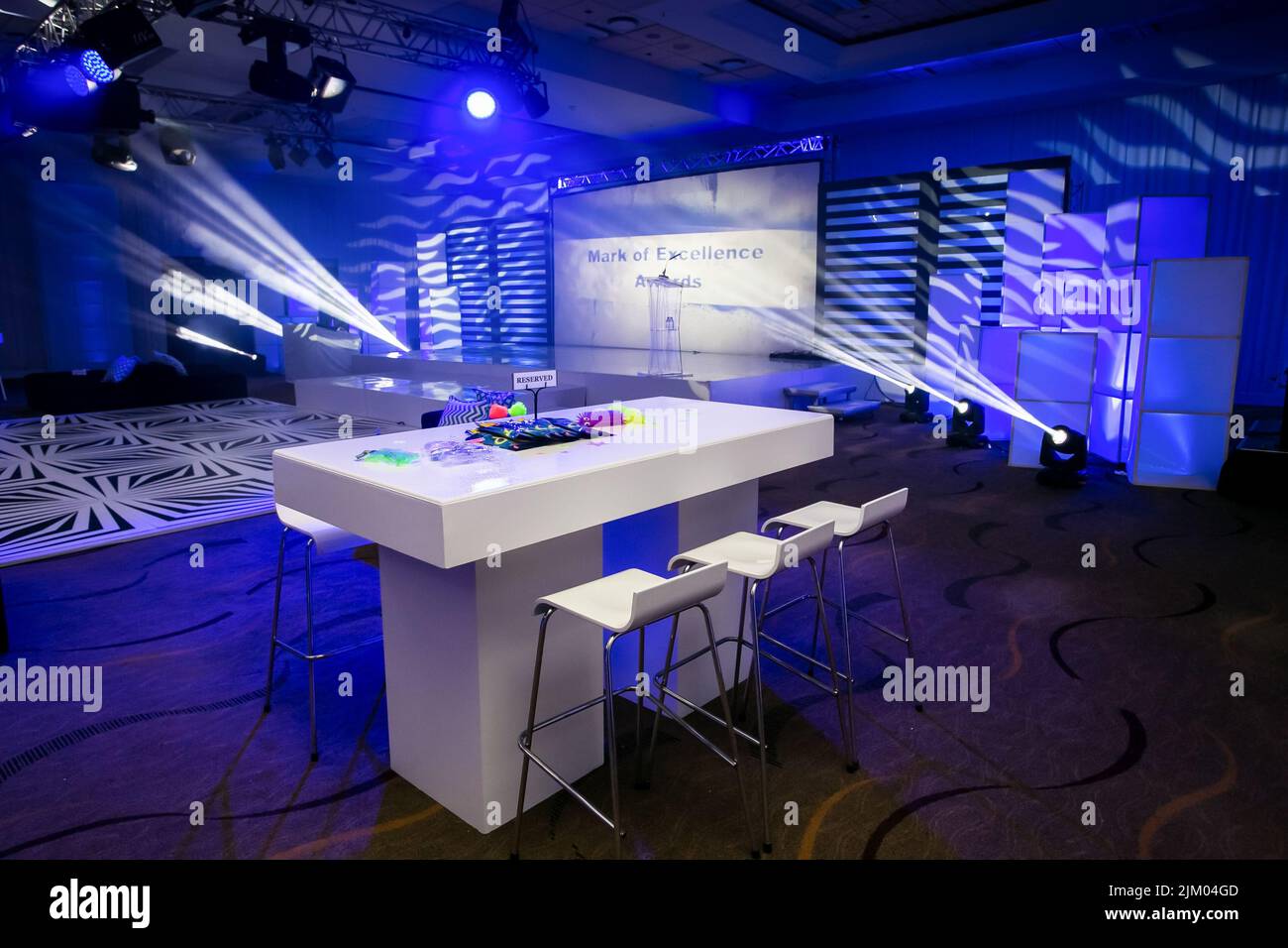 A beautiful bluethemed decor at an indoor media party event in Johannesburg, South Africa Stock