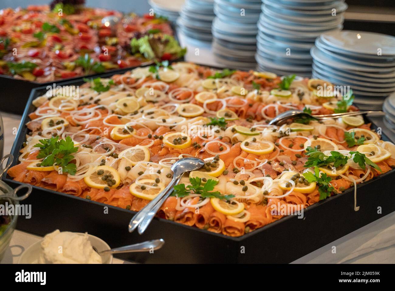 A closeup of an assortment of fish fillets in a buffet at a restaurant Stock Photo