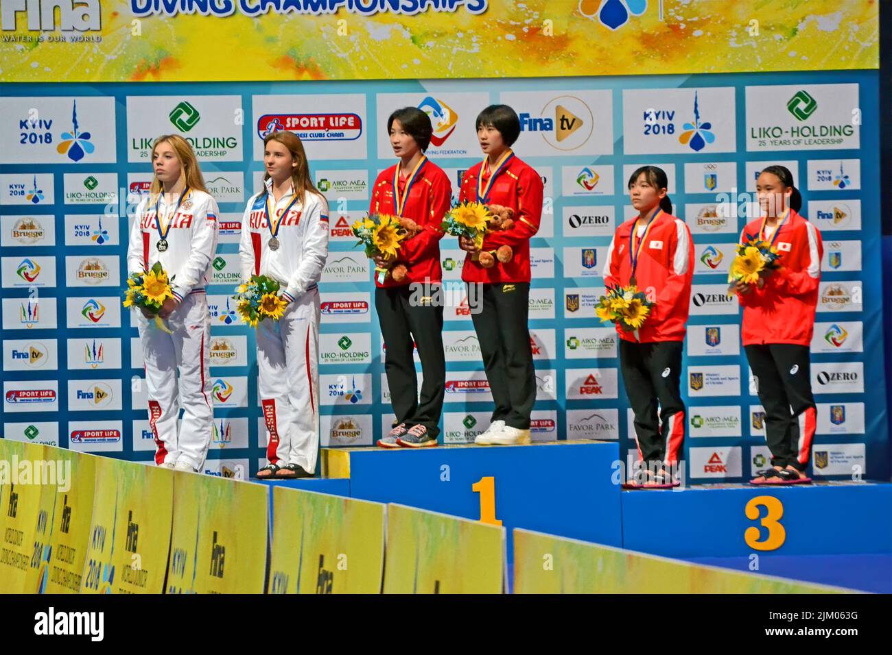 Winner ceremony during 22nd FINA World Junior Diving Championships (FINA Diving Youth Olympic Games Qualification Tournament) in Kiev, Ukraine. Stock Photo