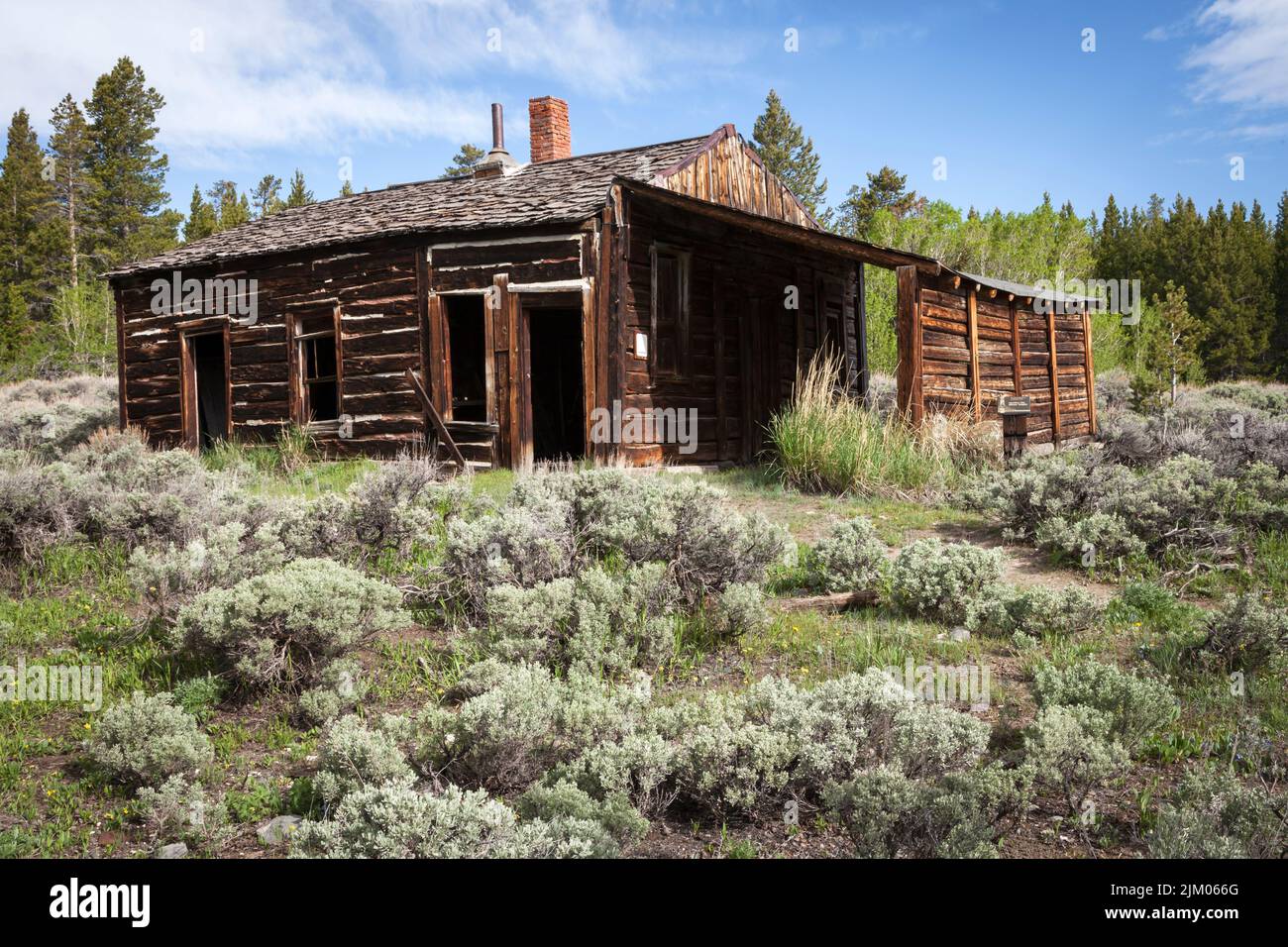 Cabin at the abandoned mining town of Miners Delight in Wyoming. Stock Photo