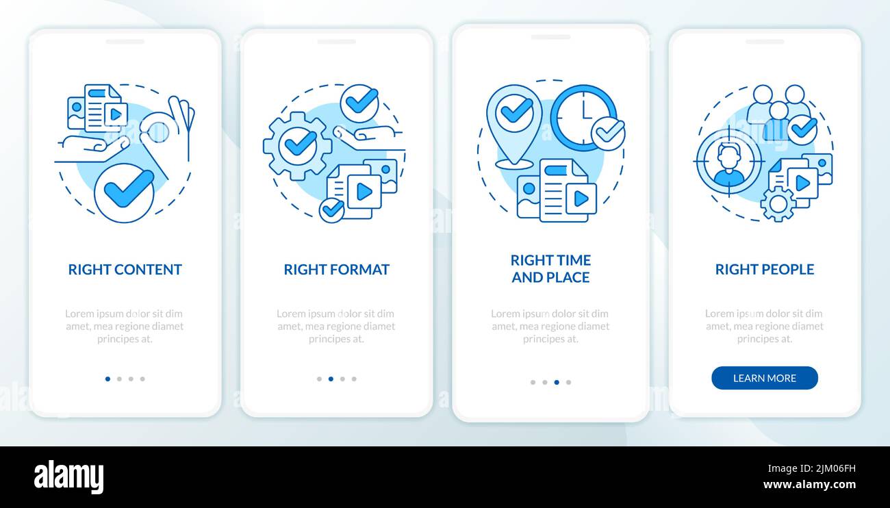 Content principles blue onboarding mobile app screen Stock Vector