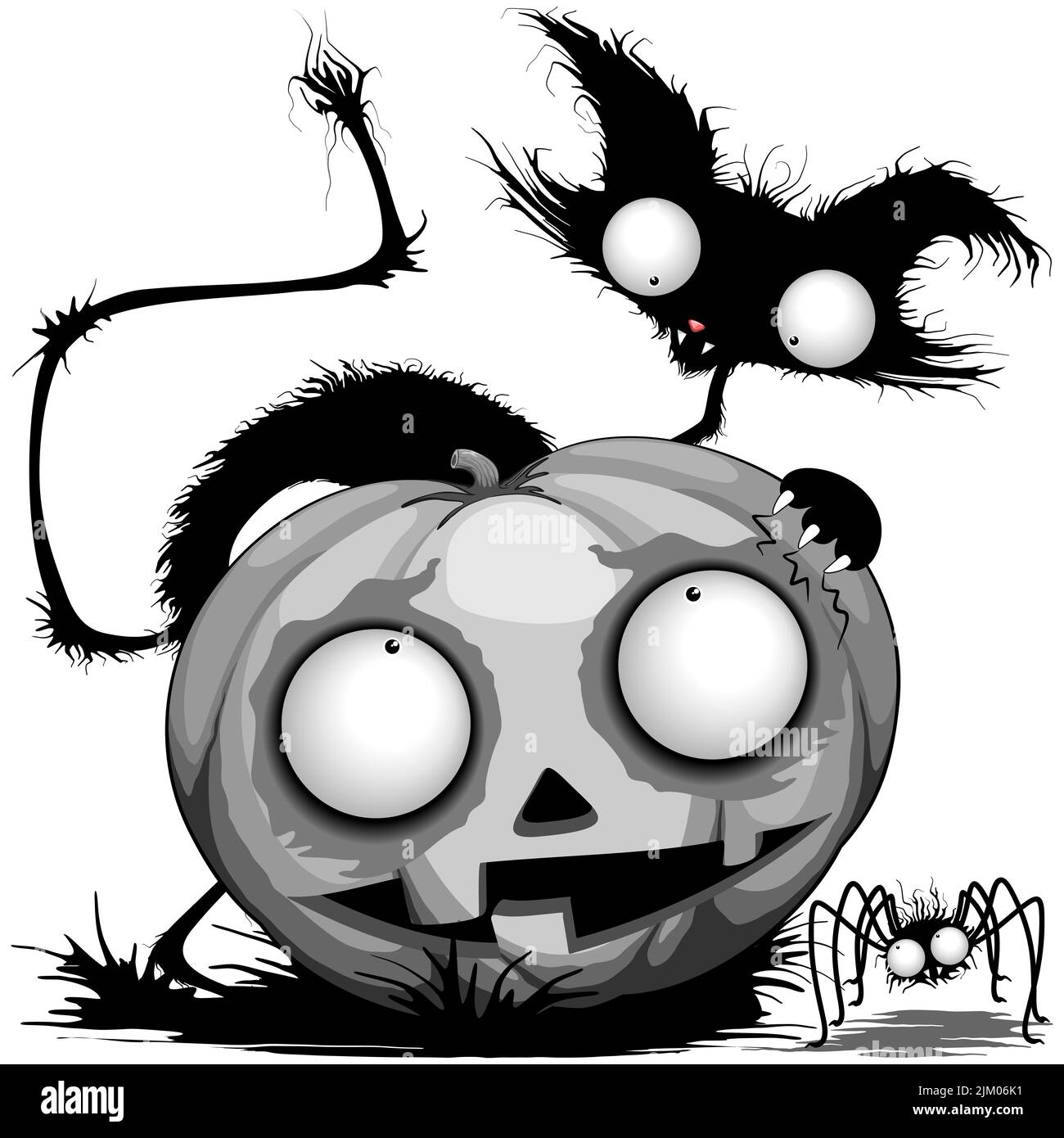 Funny Black Cat, Pumpkin and Spider Halloween Cartoon Characters. Original Copyrighted Vector Illustration. Stock Vector