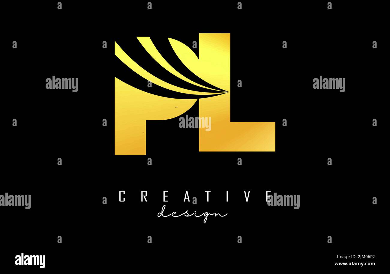 Creative golden letter PL p l logo with leading lines and road concept ...