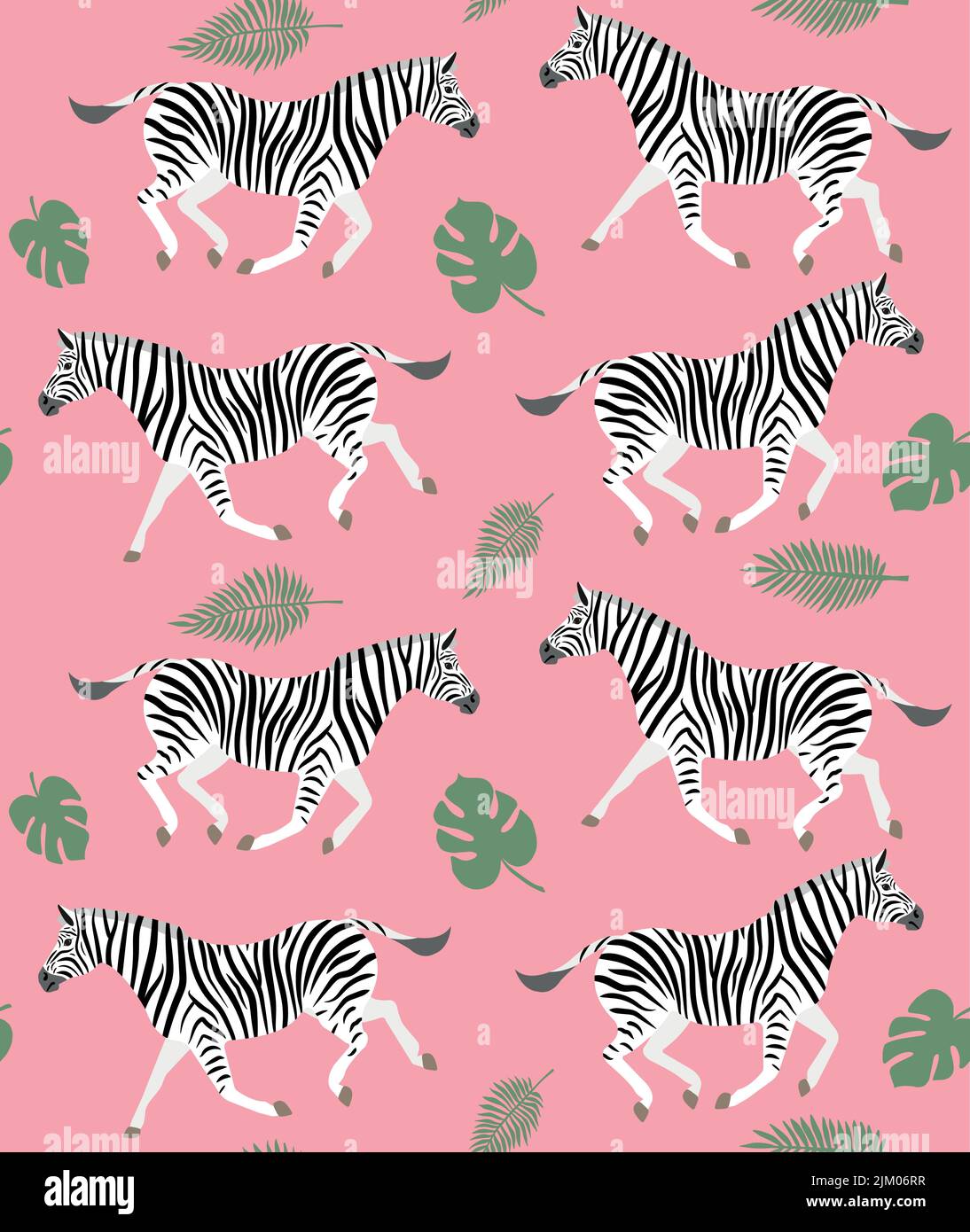 Vector seamless pattern of hand drawn flat zebra and palm leaves ...
