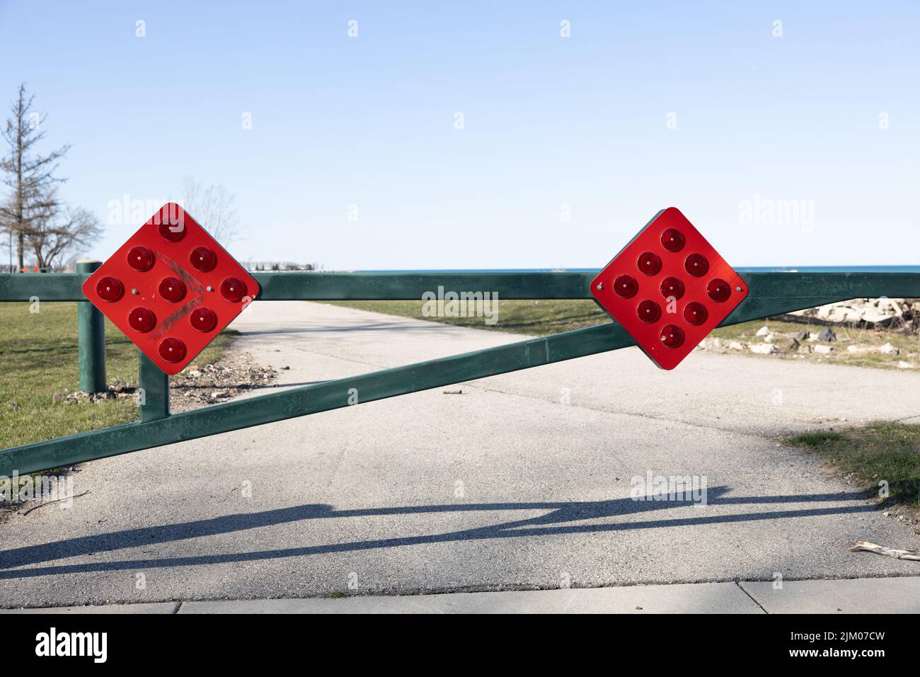 Red stop and turn detour road signs, regulatory signs outdoors Stock