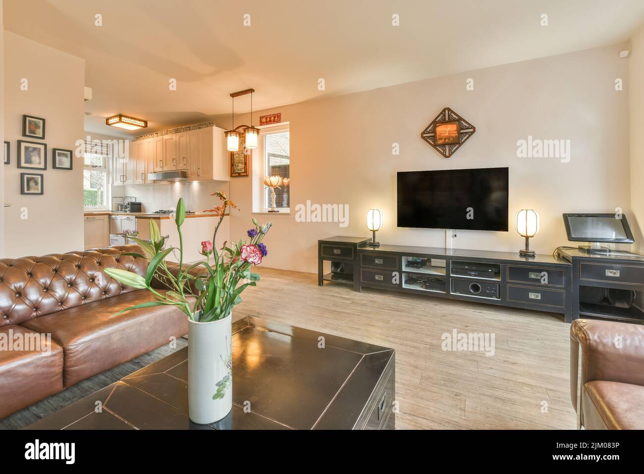 Interior design of modern minimalist style living room with large