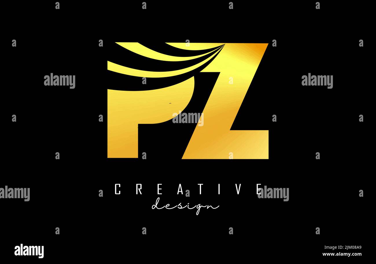 Creative golden letter PZ p z logo with leading lines and road concept