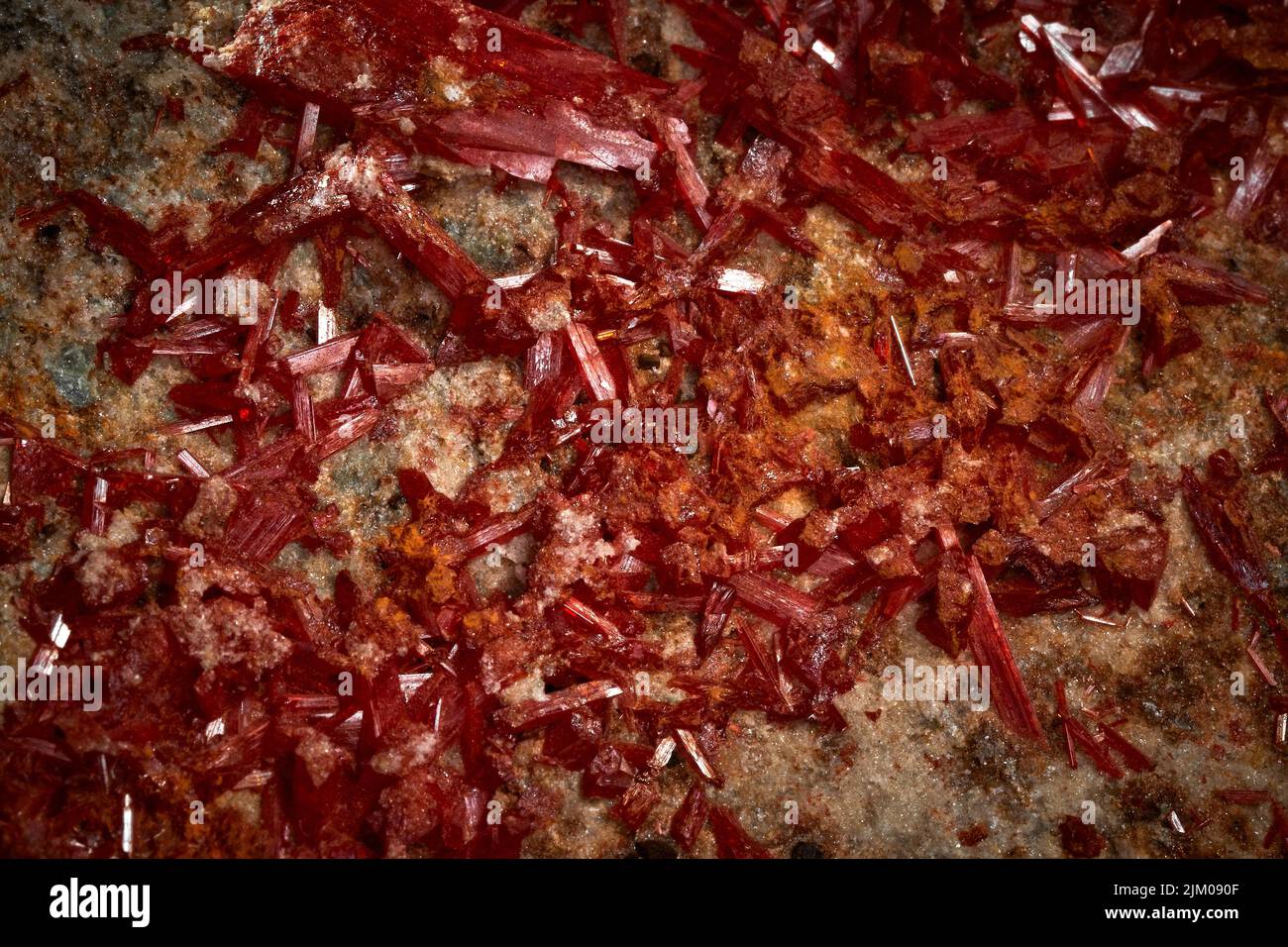 A closeup of a rare mineral row uncut red crystal Stock Photo
