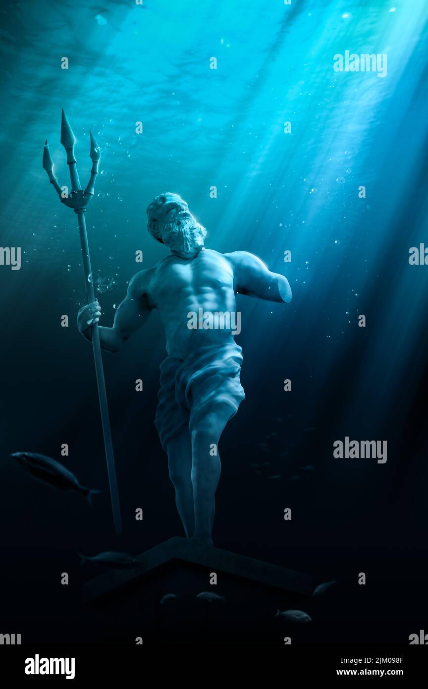 3D illustration of poseidon's statue, based on the legend of the lost