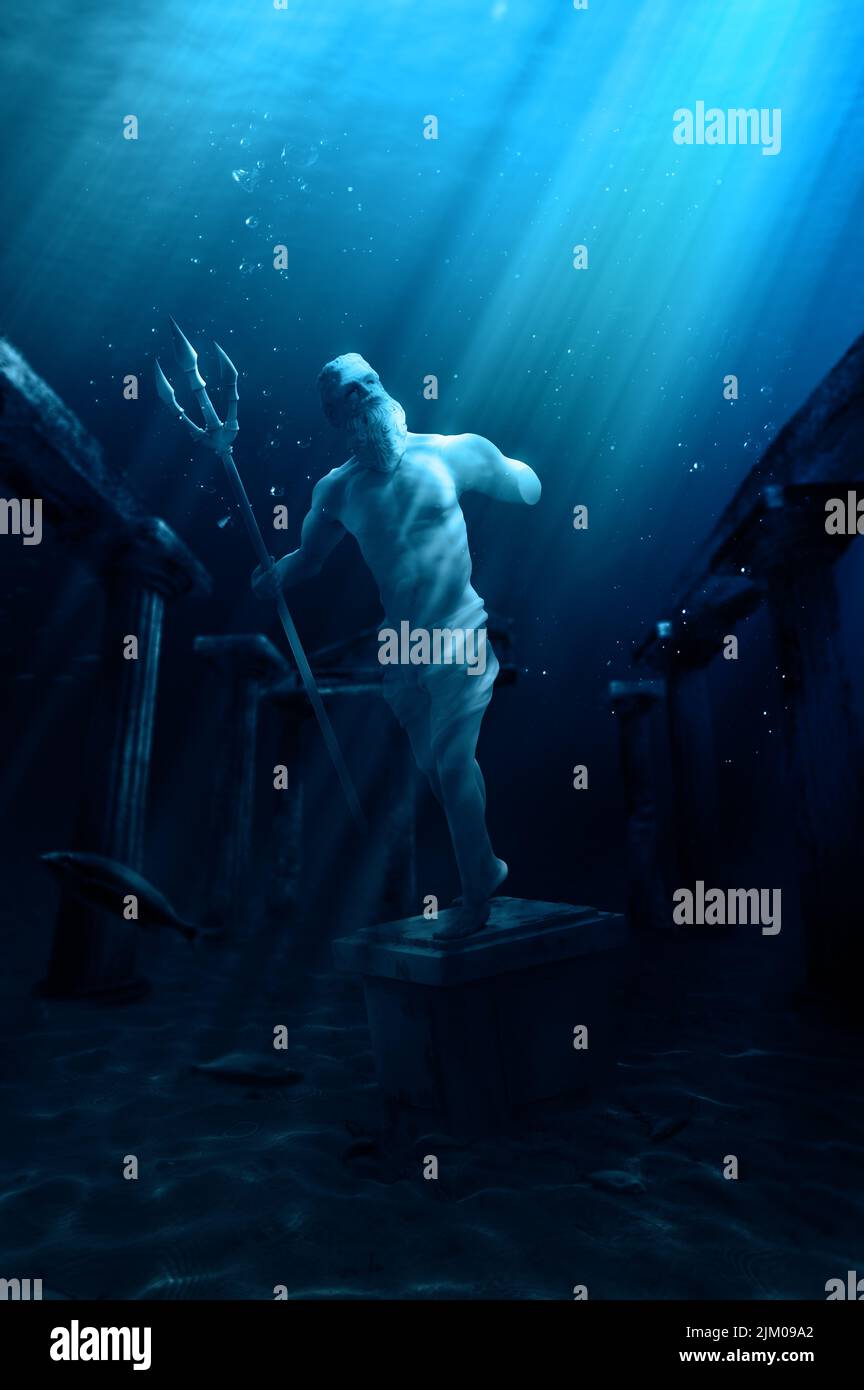 3D illustration of poseidon's statue, based on the legend of the lost
