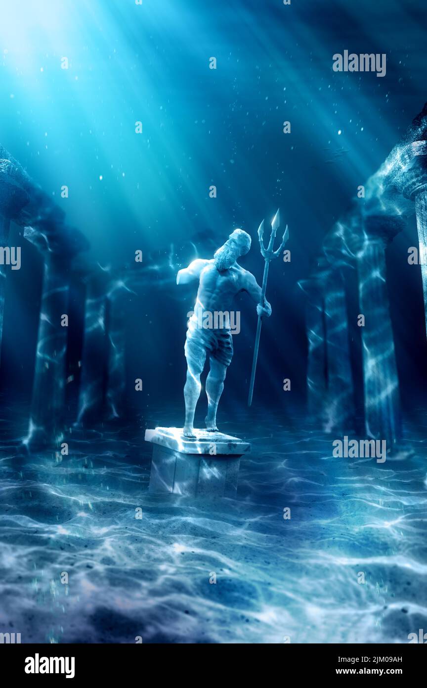 3D illustration of poseidon's statue, based on the legend of the lost