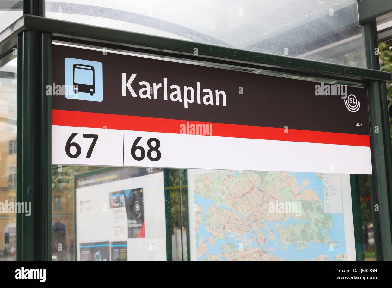 Stockholm, Sweden - September 1, 2021: Close-up view of the Karlsplan bus stop shelter in service for the lines 67 an 68. Stock Photo