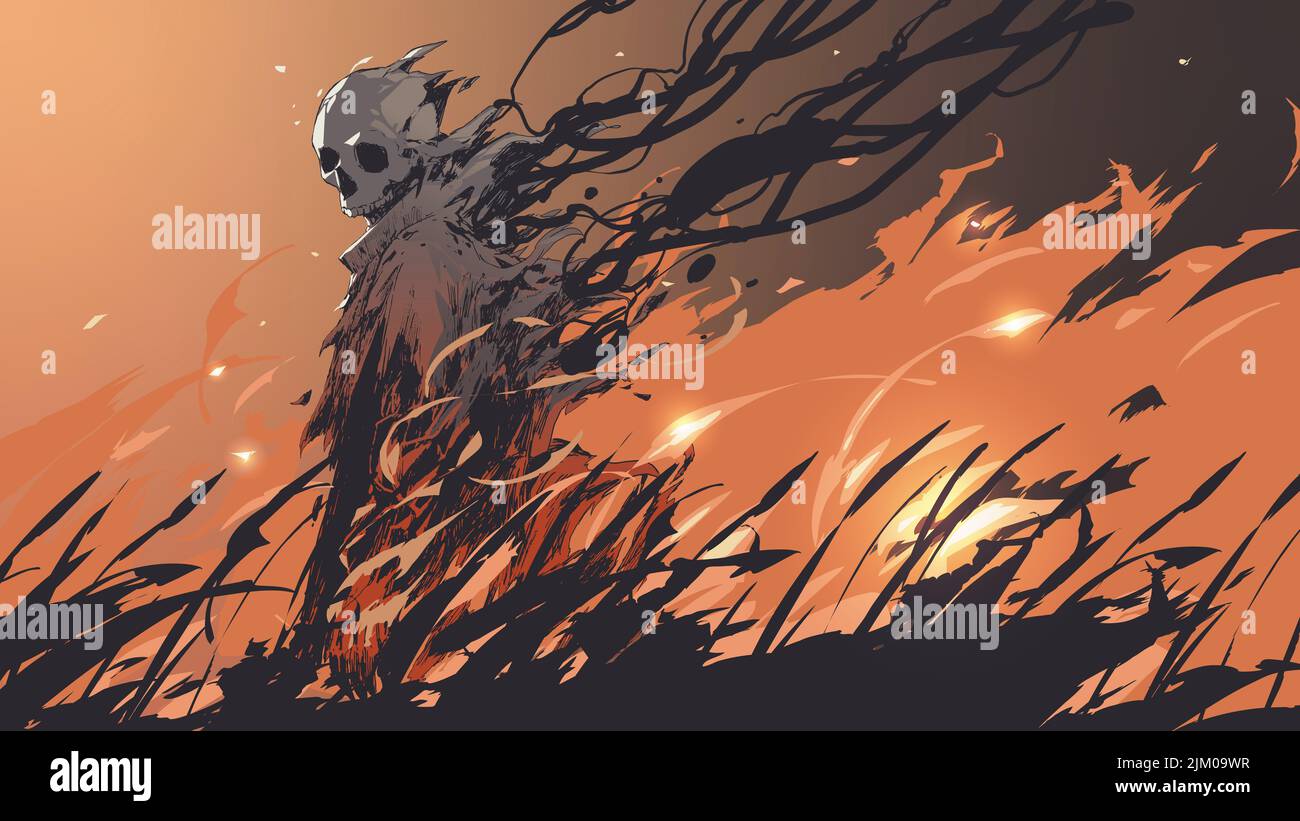 ghost standing in the field of flames, digital art style, illustration painting Stock Photo