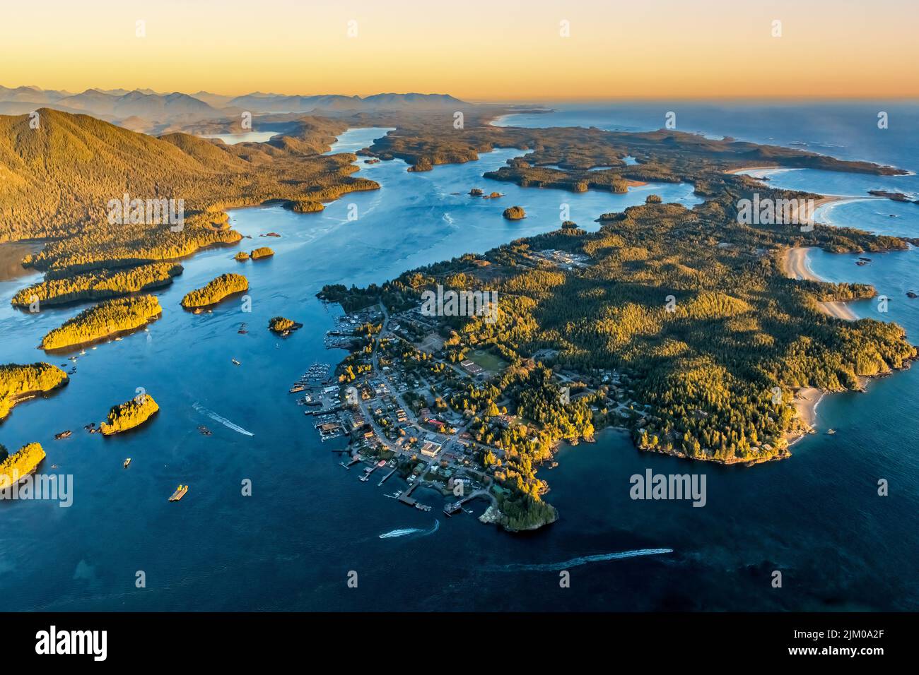 Aerial shot of Tofino and Clayoquot Sound, Vancouver Island, BC Canada