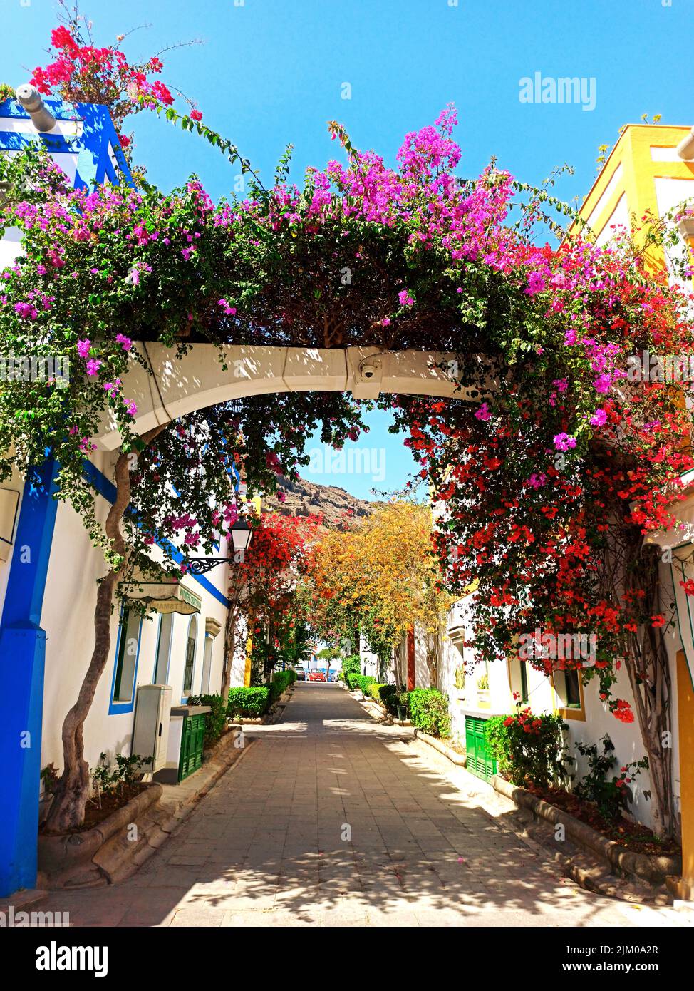 The beautiful arches decorated with flowers on the narrow street Stock Photo