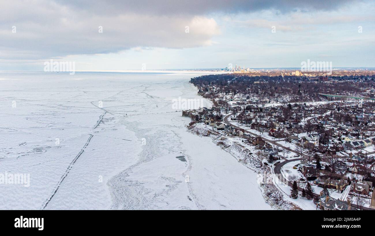 An aerial view of a city on snowy day Stock Photo - Alamy