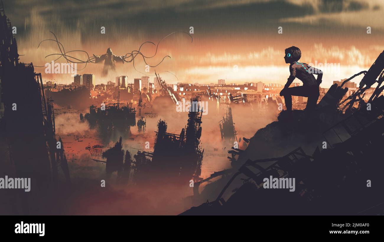 futuristic boy on the ruins looking at the distant giant that destroying the city, digital art style, illustration painting Stock Photo