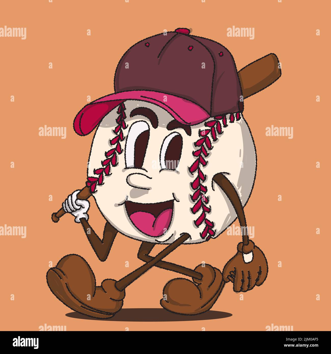 baseball walking mascot vector illustration with face. for vintage retro logos and branding. funky vintage style cartoon face vector illustration Stock Vector