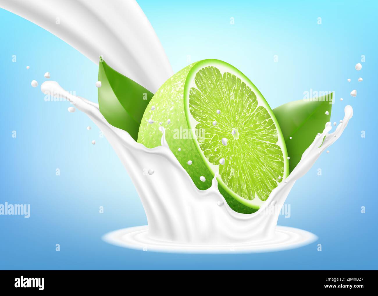 Fresh Lime With Milk Splash on Blue Background. Lime falls into milk