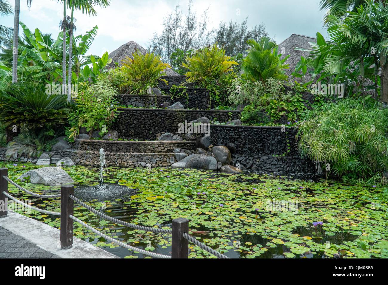 A water basin with fountain and plant decoration in a garden in Tahiti