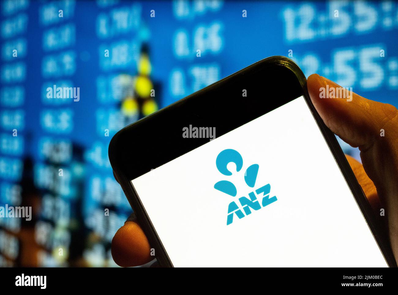 China. 25th July, 2022. In this photo illustration, Australia and New Zealand Banking Group Limited, commonly called the ANZ logo is displayed on a smartphone screen. (Credit Image: © Budrul Chukrut/SOPA Images via ZUMA Press Wire) Stock Photo